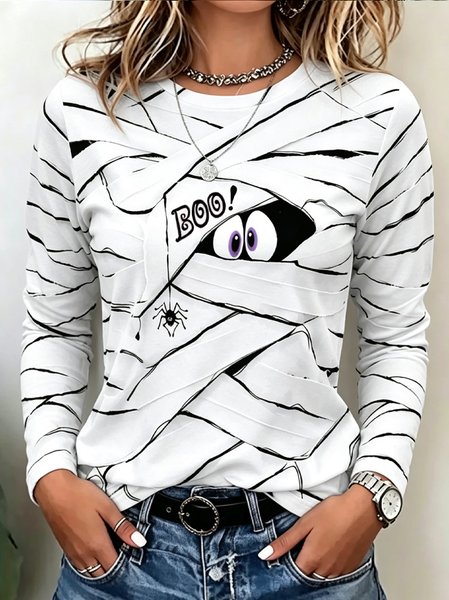Women Cartoon Long Sleeve Tee T-shirt Crew Neck Printing Casual Spring/Fall Top