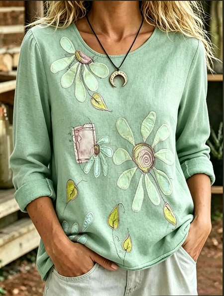 Women Floral Long Sleeve Tee T-shirt Crew Neck Printing Casual Spring/Fall Top