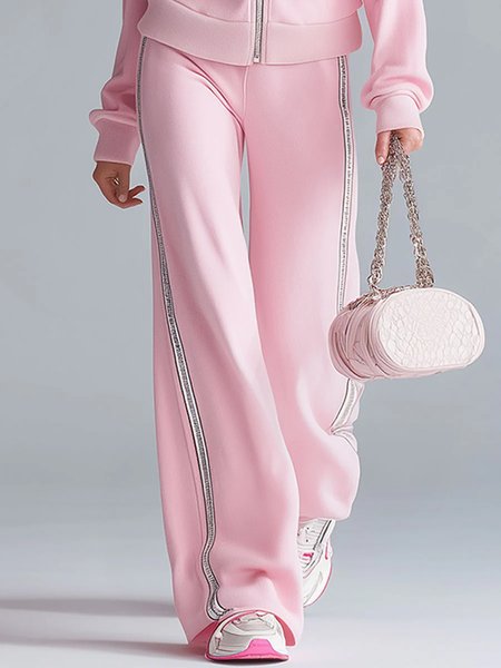 

Cotton Casual Plain Webbing Wide Leg Pants, Pink, Pants