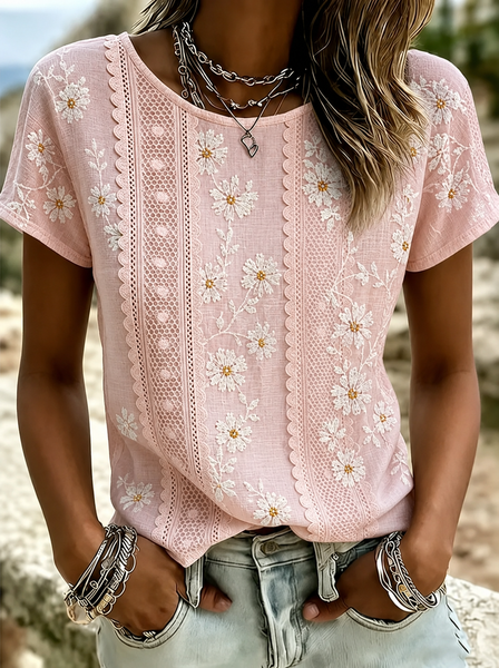 Women Floral Short Sleeve Tee T-shirt Crew Neck Printing Casual Summer Top