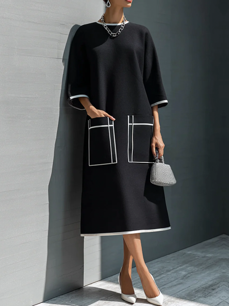

Casual Color Block Crew Neck Midi Dress, Black, Midi Dresses