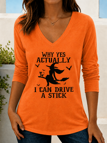 Women Text Letters Long Sleeve Tee T-shirt V Neck Printing Casual Spring/Fall Top