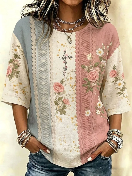 Women Floral Crew Neck Half Sleeve Blouse Printing Vintage Daily Summer Top