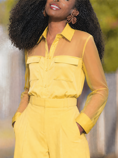 

Urban Plain Split Joint Shirt Collar Shirt, Yellow, Blouses and Shirts