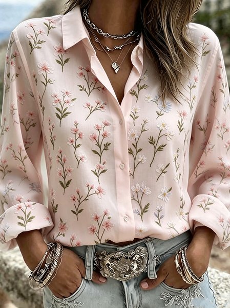 Women Floral Shawl Collar Long Sleeve Shirt Vintage Holiday Spring/Fall Top