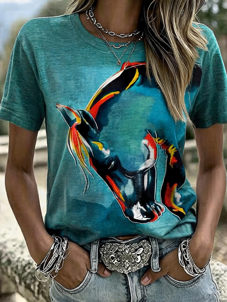 Women Horse Short Sleeve Tee T-shirt Crew Neck Casual Summer Top