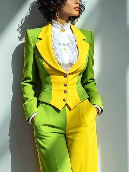 Elegant Split Joint Color Block Lapel Collar Blazer