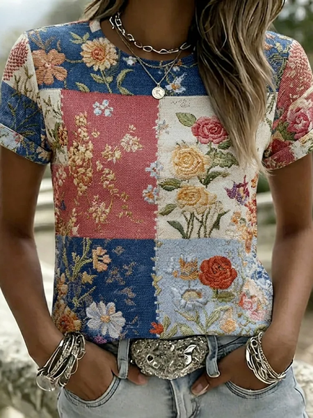 Women Floral Short Sleeve Tee T-shirt Crew Neck Casual Summer Top