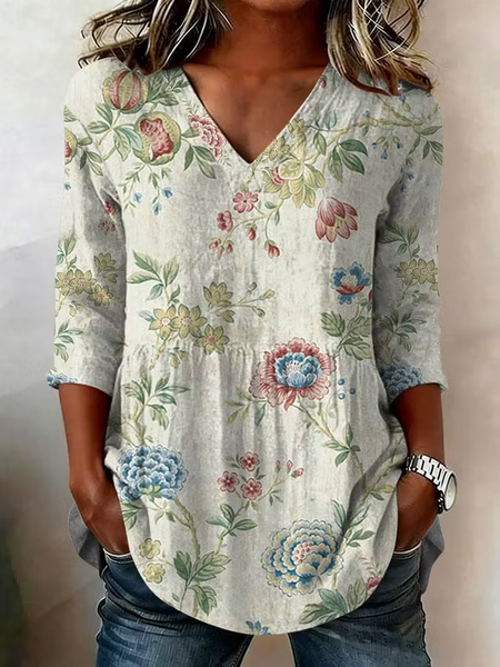 Women Floral Long Sleeve Tee T-shirt V Neck Vintage Spring/Fall Top