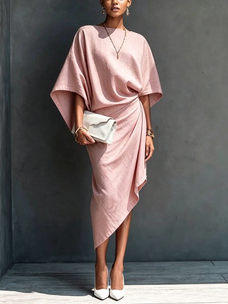 Cotton And Linen Casual Plain Asymmetric Boat Neck Midi Dress