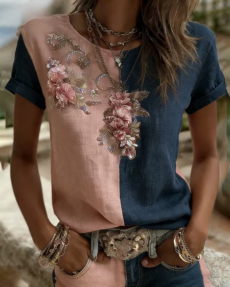 Women Floral Short Sleeve Tee T-shirt Crew Neck Casual Summer Top