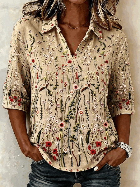 Shawl Collar Half Sleeve Floral Lightweight Loose Shirt For Women