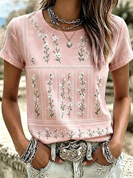 Women Floral Short Sleeve Tee T-shirt Crew Neck Printing Casual Graphic Tee Summer Top