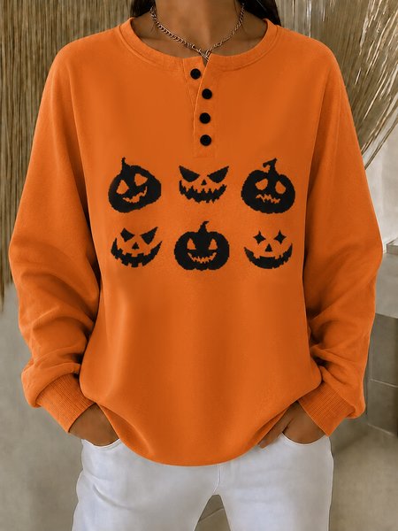 Women Halloween Henley Collar Printing Casual Spring/Fall Long Sleeve Sweatshirt