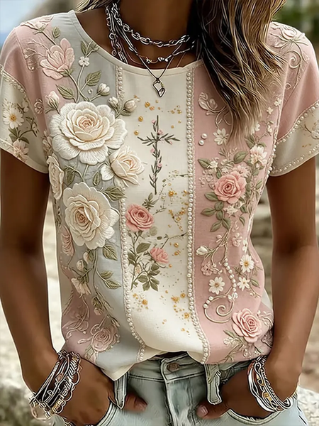 Women Floral Short Sleeve Tee T-shirt Crew Neck Printing Casual Graphic Tee Summer Top