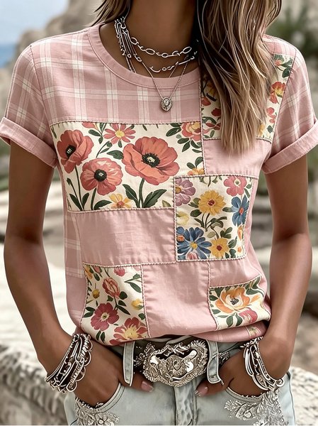 Women Floral Short Sleeve Tee T-shirt Crew Neck Casual Summer Top