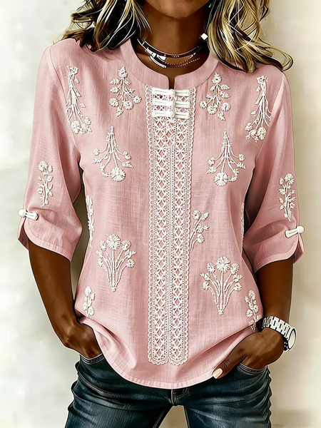 Women Floral Mandarin Collar Half Sleeve Blouse Printing Vintage Daily Summer Top