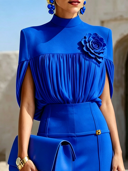 Elegant Solid Ruched Stand Collar Blouse for Party