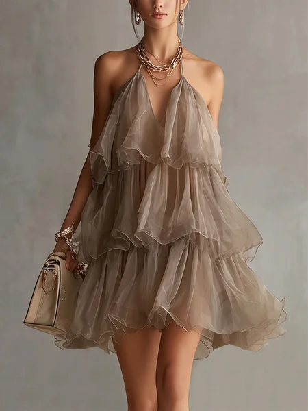 Elegant Floral Folds Halter Neck Mini Dress