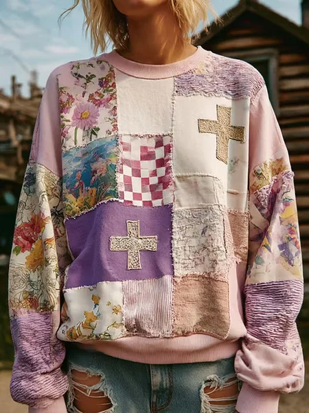 Casual Crew Neck Floral Sweatshirt Printing
