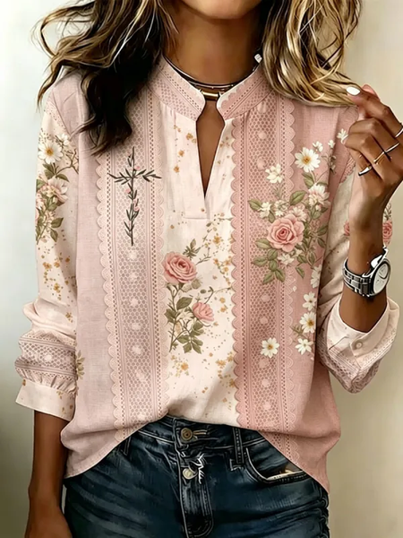 Women Floral V Neck Long Sleeve Blouse Printing Vintage Daily Spring/Fall Top