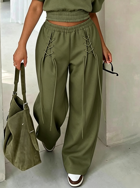 Casual Plain Lace-up Straight Pants
