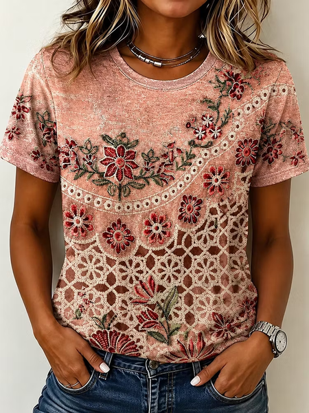 Women Floral Short Sleeve Tee T-shirt Crew Neck Printing Casual Graphic Tee Summer Top