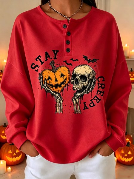 Women Cartoon Henley Collar Casual Spring/Fall Long Sleeve Sweatshirt