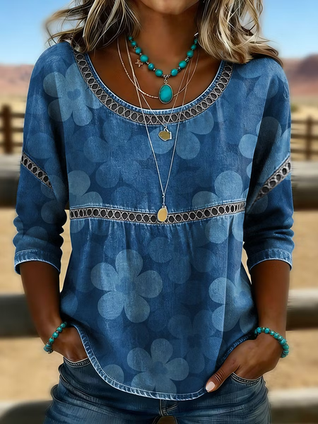 Women Floral Crew Neck Half Sleeve Blouse Vintage Daily Summer Top