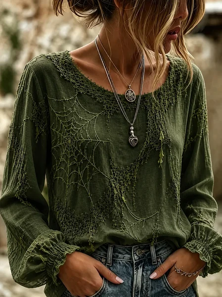 Women Halloween Crew Neck Long Sleeve Blouse Printing Vintage Holiday Spring/Fall Top
