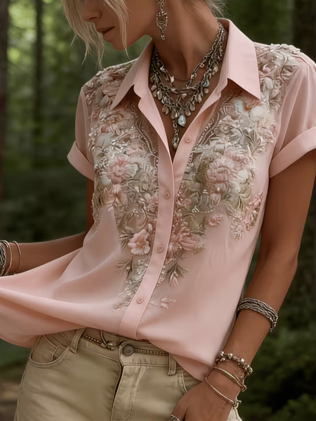 Shirt Collar Short Sleeve Floral Printing Regular Micro-Elasticity Loose Button Up Shirt Shirt For Women