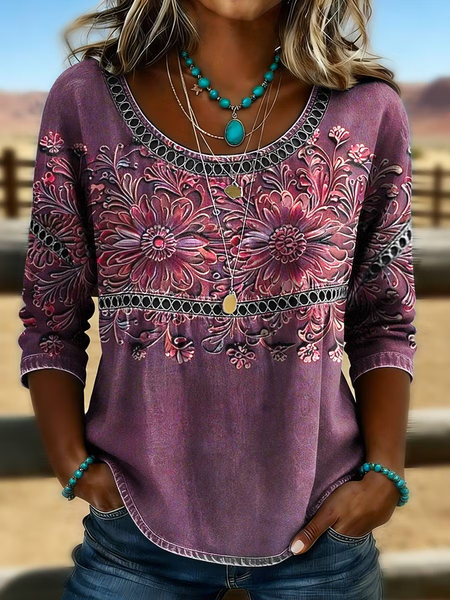 Women Floral Crew Neck Half Sleeve Blouse Vintage Daily Summer Top