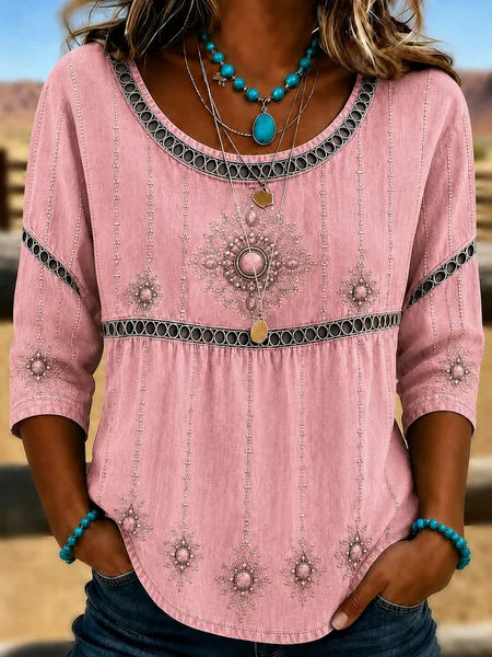 Women Floral Crew Neck Half Sleeve Blouse Vintage Daily Summer Top