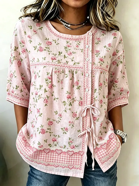 Women Floral Crew Neck Half Sleeve Shirt Vintage Daily Summer Top