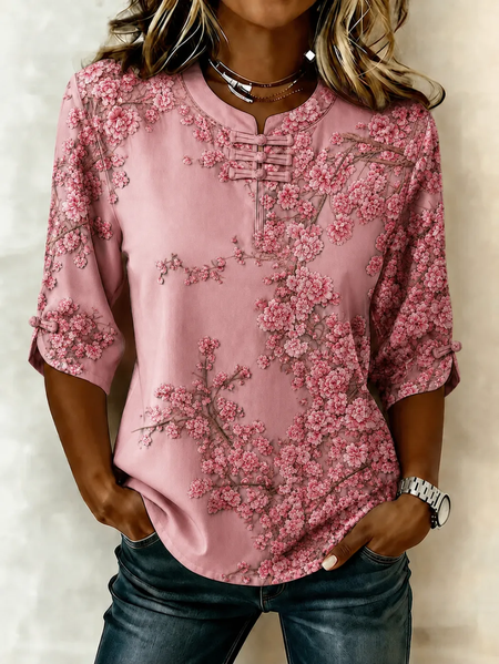 Women Floral Mandarin Collar Half Sleeve Blouse Printing Vintage Daily Summer Top