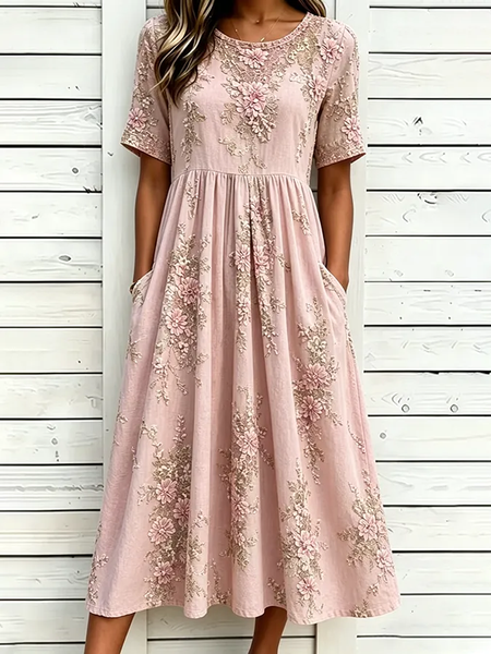 Women Floral Half Sleeve Crew Neck Printing Dress Daily Casual Maxi H-Line Summer Dress