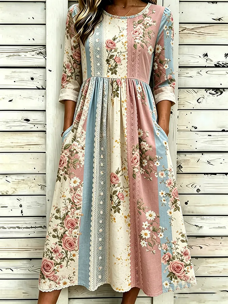 Women Floral Half Sleeve Crew Neck Printing Dress Daily Casual Maxi H-Line Summer Dress