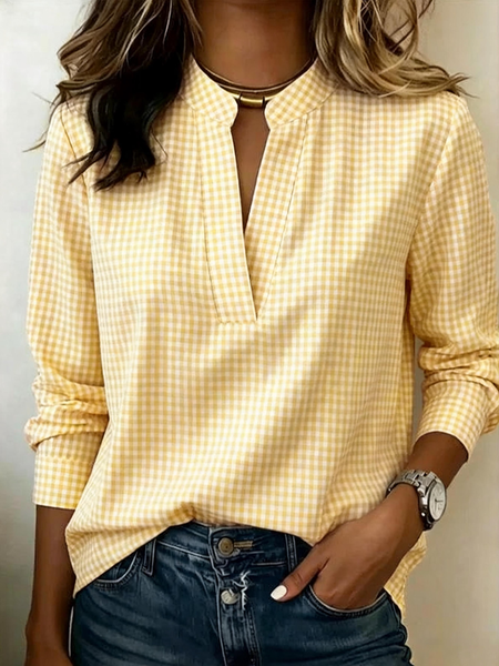 V Neck Long Sleeve Plaid Printing Regular Micro-Elasticity Regular Fit Blouse For Women