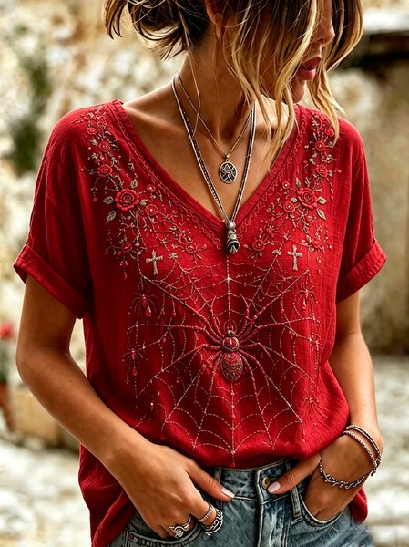 Women 3D Printing Short Sleeve Tee T-shirt V Neck Vintage Summer Top