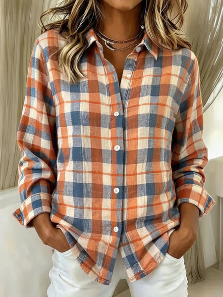 Women Plaid Shirt Collar Long Sleeve Shirt Buckle Regular Sleeve Casual Daily Spring/Fall Top