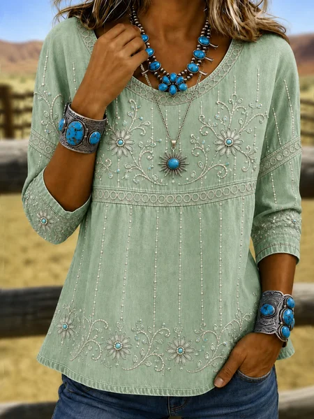 Women 3D Printing Crew Neck Half Sleeve Blouse Vintage Daily Summer Top