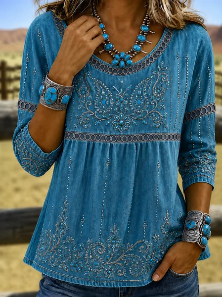 Women Floral Crew Neck Half Sleeve Blouse Vintage Daily Summer Top