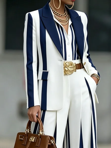 Urban Abstract Stripe Lapel Collar Loose Long Sleeve Blazer Commute 1 Urban Abstract Stripe Lapel Collar Loose Long Sleeve Blazer Commute