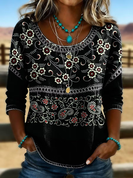 Women Floral Crew Neck Half Sleeve Blouse Vintage Daily Summer Top