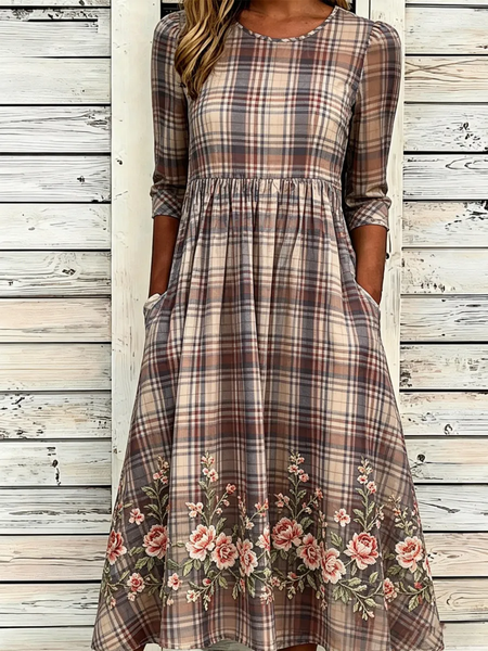 Women Floral Half Sleeve Crew Neck Printing Dress Daily Casual Maxi H-Line Summer Dress