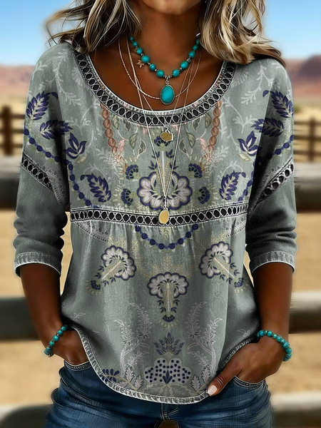 Crew Neck Half Sleeve Floral Regular Micro-Elasticity Loose Blouse For Women