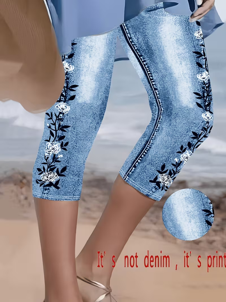 Women Floral Capris Elastic Waist Pants Casual Summer Trousers