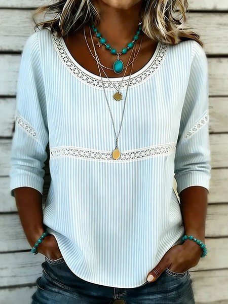 Women Striped Crew Neck Half Sleeve Blouse Vintage Daily Summer Top
