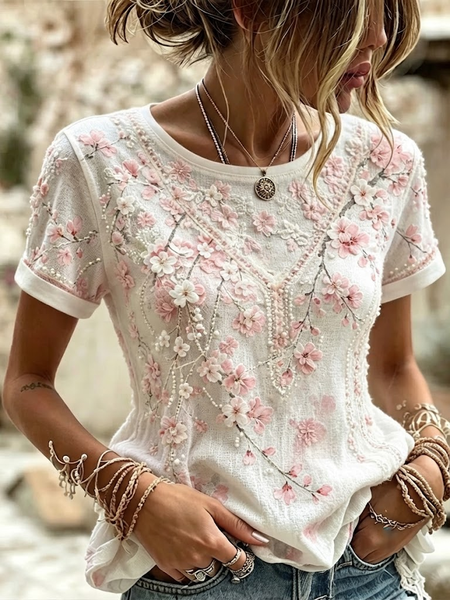 Women Floral Short Sleeve Tee T-shirt Crew Neck Printing Casual Graphic Tee Summer Top