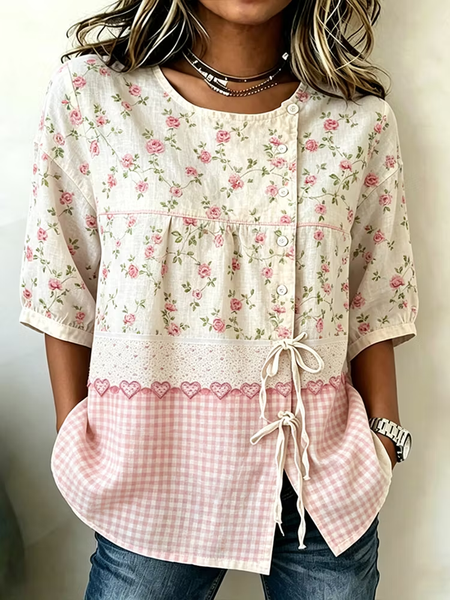 Women Floral Crew Neck Half Sleeve Shirt Vintage Daily Summer Top